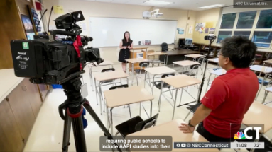 Connecticut mandates AAPI : shot of NBC Connecticut reporter interviewing a teacher in a classroom
