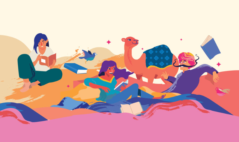 Jaipur LIterature Festival - brightly colored majenta, orange and blue graphic with individuals reading amid a bird and camel