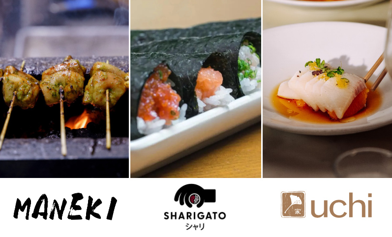 News - Japanaese Restaurants Opening Fall 2025: samples of offerings and logos from Maneki, Sharigato, and Uchi.