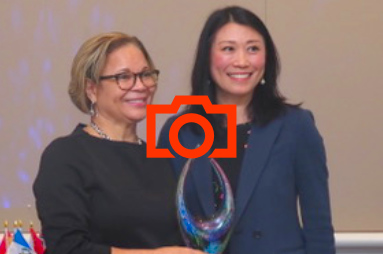             Charlotte Mayor Vi Lyles presents The Global Leader Award to Eileen Cai at the Mayor's International Community Awards.        