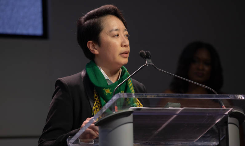 Ann Gonzales speaks at the WFAE EQUALibrium Awards Gala on June 5, 2025
